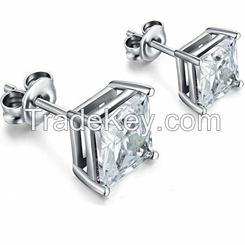 Sterling Silver Stud Earrings Cubic Zirconia Round Men Women 2PC CZ Earrings Set