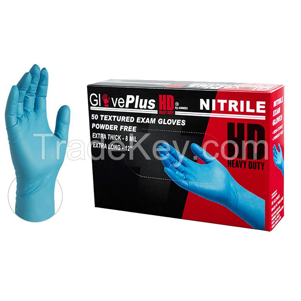 Ammex GPNHD64100 Gloveplus Medical Grade Heavy Duty Nitrile Glove, Powder Free, 6mm Thick, 300mm Length, Medium, Box of 50 (Blue)