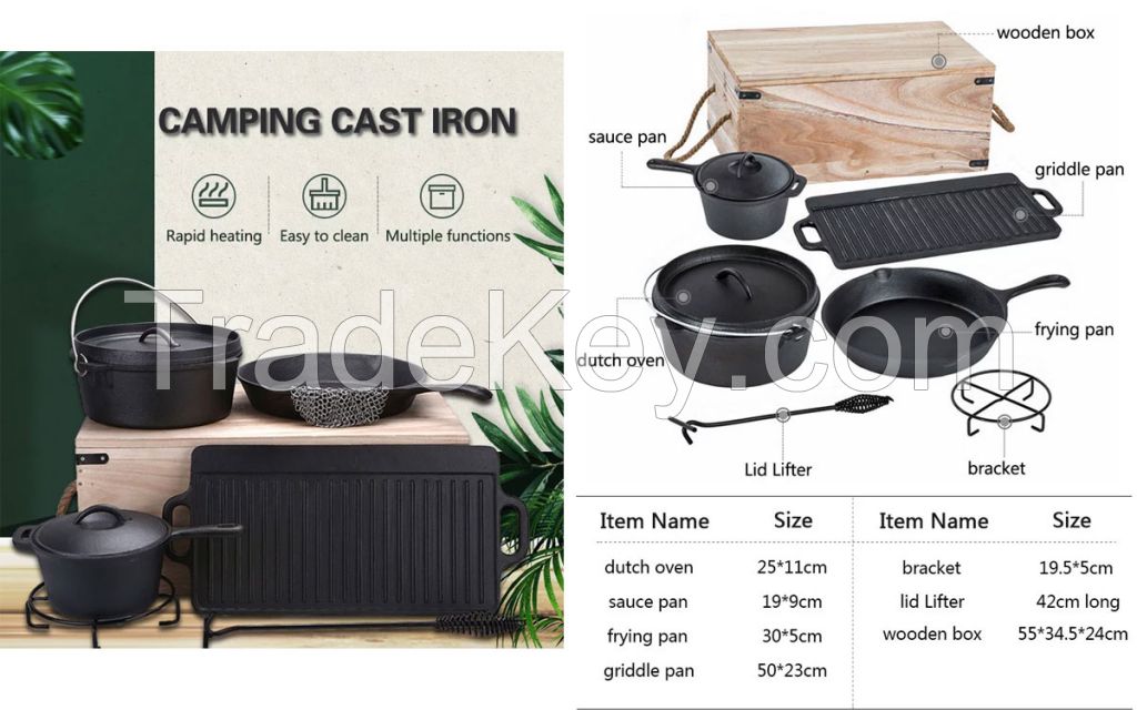 Private Label 6pcs Outdoor Camping Cast Iron Cookware Set