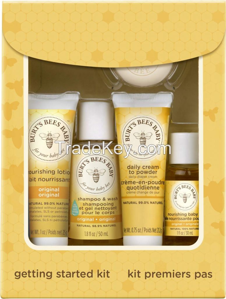 Burt's Bees Baby Getting Started Gift Set, 5 Trial Size Baby Skin Care Products - Lotion, Shampoo & Wash, Daily Cream-to-Powder, Baby Oil and Soap, yellow 1 Count