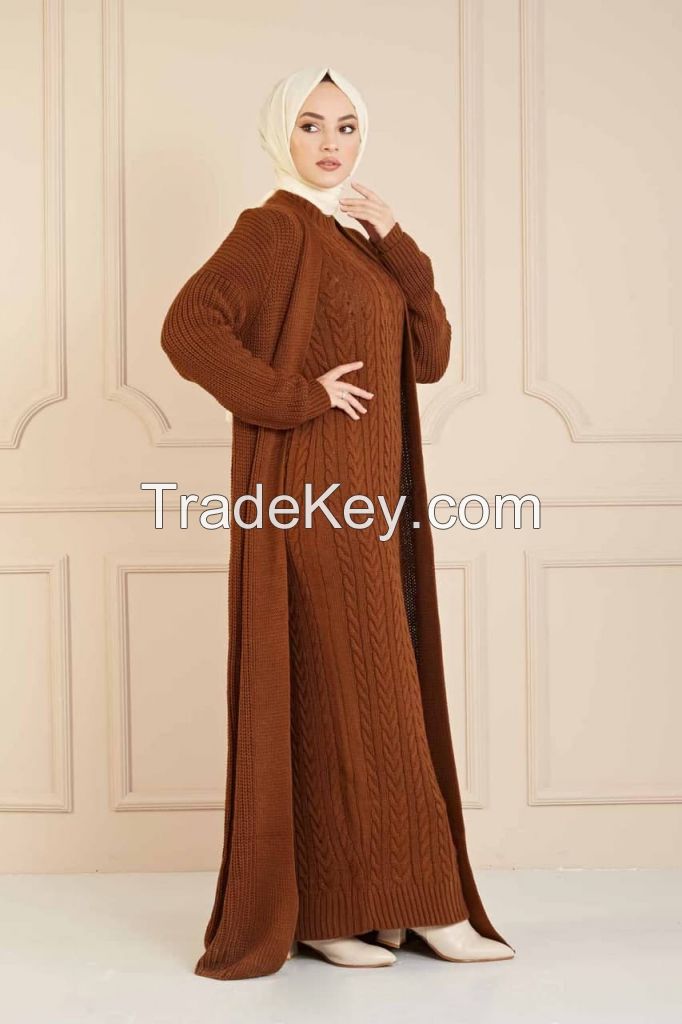 2 Pieces Woman Dress Knitted Suit, Long Cardigan and Maxi dress Muslim Fashion Islamic Winter Clothing Turkey