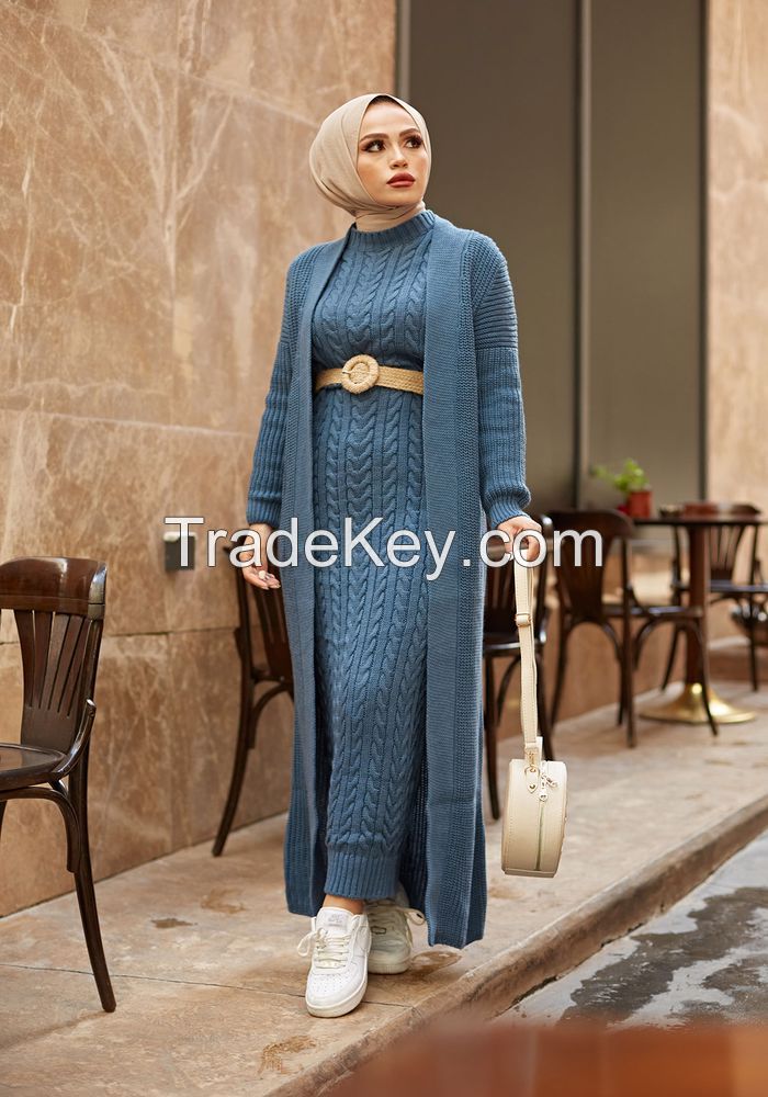  2 Pieces Woman Dress Knitted Suit, Long Cardigan and Maxi dress Muslim Fashion Islamic Winter Clothing Turkey