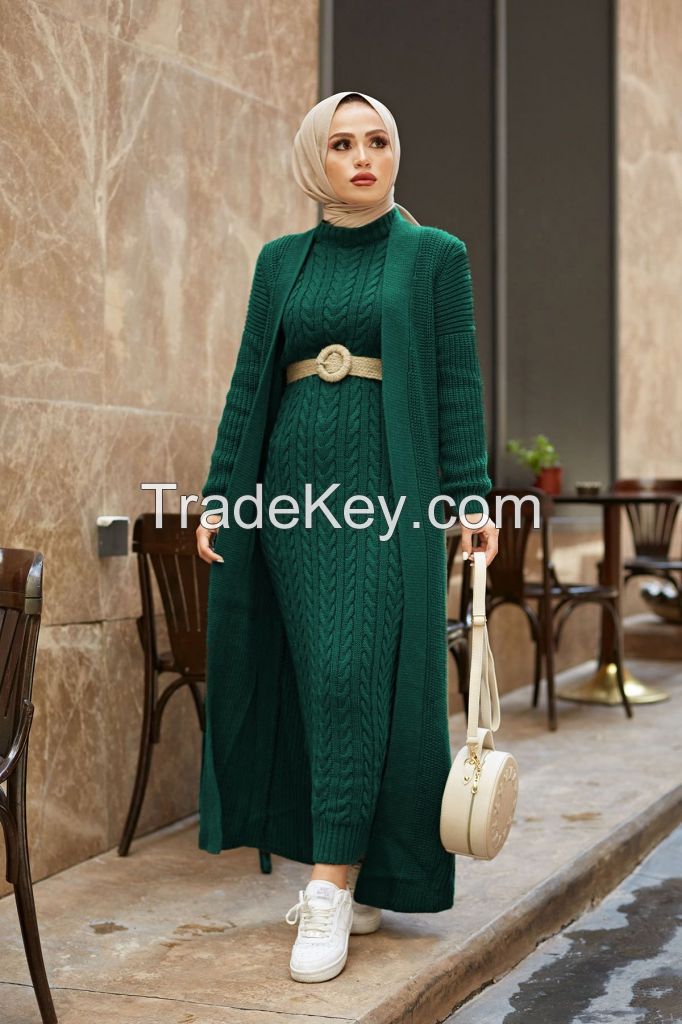 2 Pieces Woman Dress Knitted Suit, Long Cardigan and Maxi dress Muslim Fashion Islamic Winter Clothing Turkey