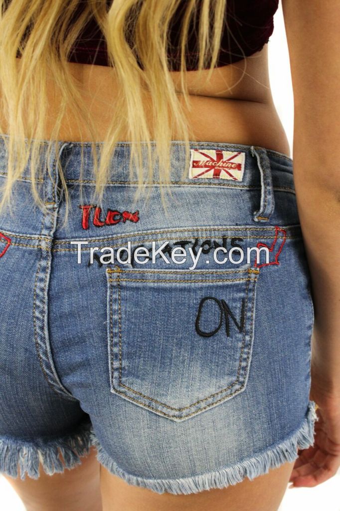 Decorated Frayed Jeans Mini Shorts