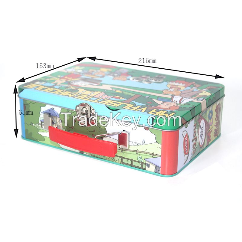 SMALL RECTANGULAR HINGED LID LUNCH TIN BOX WITH HANDLE FOR CHILDREN