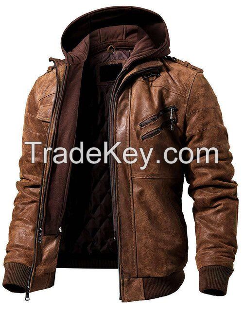 GENUINE MENS BLACK LEATHER BIKER STYLE LEATHER JACKET REMOVABLE HOOD