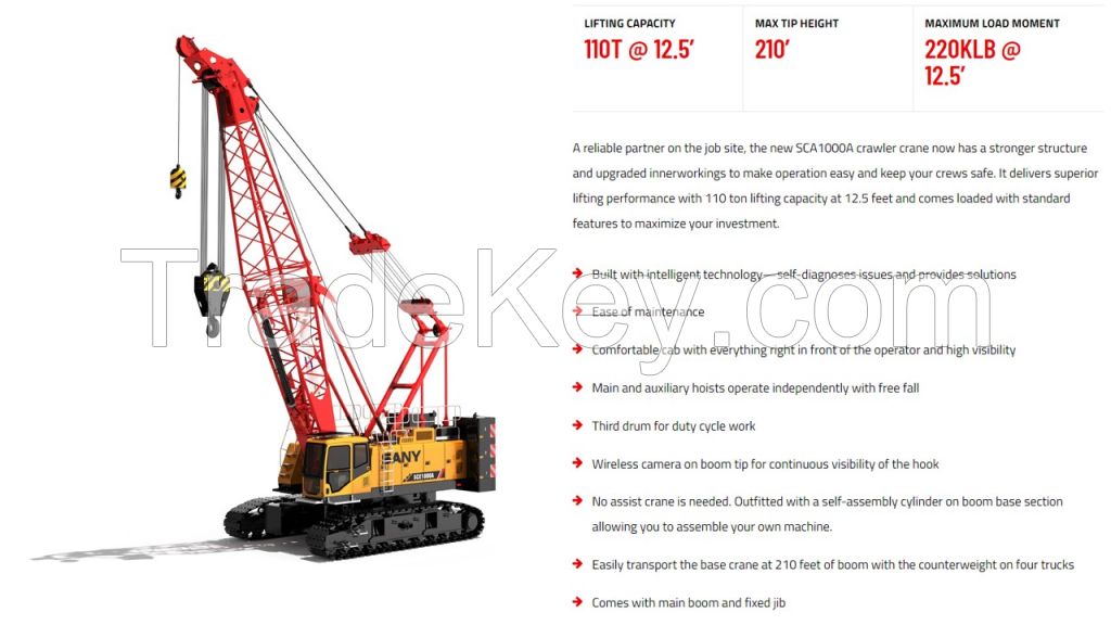 SCA1000A SANY Crawler Crane 100t Lifting Capacity Strong Boom Powerful Chassis