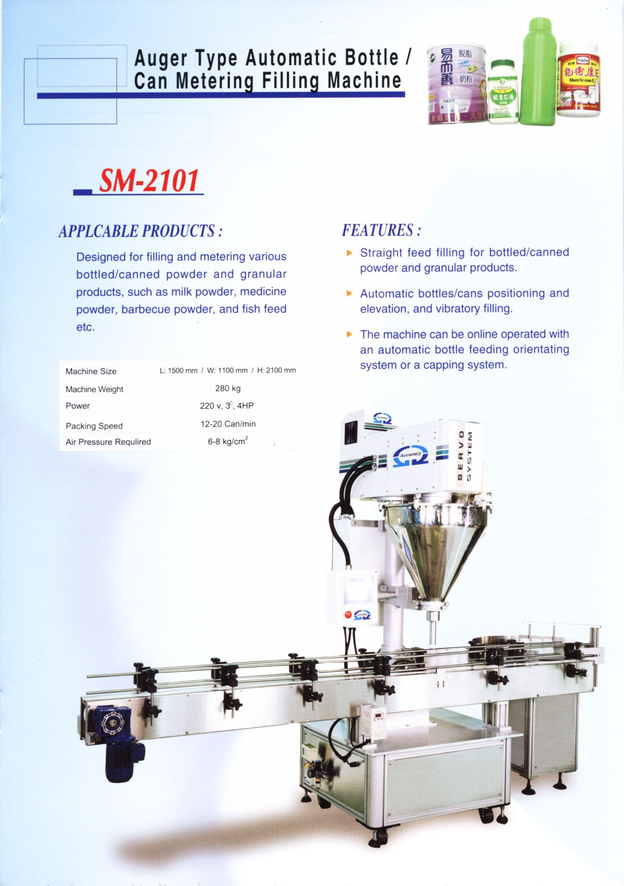 Auger Type Automatic Bottle/Can Filling Machine