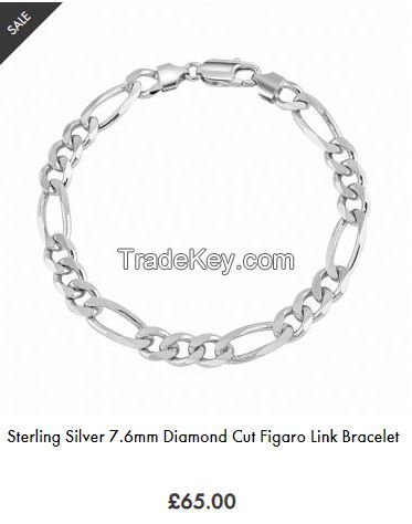 Sterling Silver 7.6mm Diamond Cut Figaro Link Bracelet