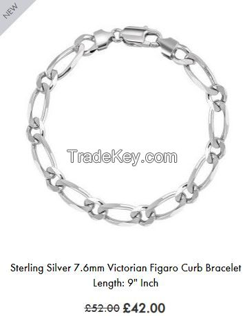 Sterling Silver 7.6mm Victorian Figaro Curb Bracelet Length: 9&amp;quot; Inch