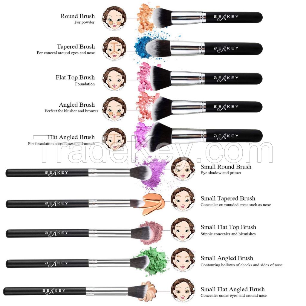 BEAKEY Makeup Brush Set, Premium Synthetic Kabuki Foundation Face Powder Blush Eyeshadow Brushes Makeup Brush Kit with Blender Sponge and Brush Cleaner (10+2pcs, Black/Silver)
