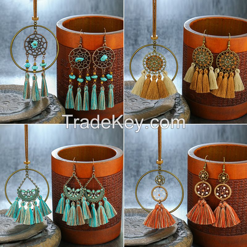 Bohemian tassel dream catcher Necklace and Earrings sets - E0015