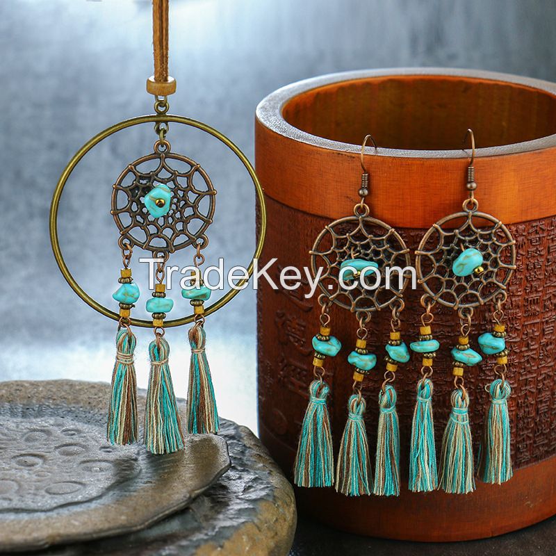 Bohemian tassel dream catcher Necklace and Earrings sets - E0015