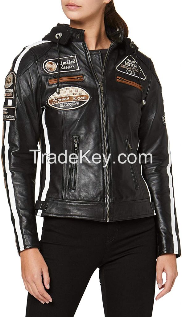 Women's Leather Motorcycle Jacket Slim Fit Lapel Zip Up Short | Lambskin Biker Jacket | CE Approved Removable Armour for Back, Shoulders and Elbows