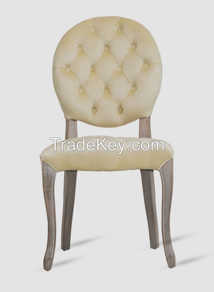 Full Beech Wood Chair, Antique Painting with Brushed, Tufted Upholstered, Living Room Chair, Off white, Velvet Fabric, W54*D65*H99CMâ€¦