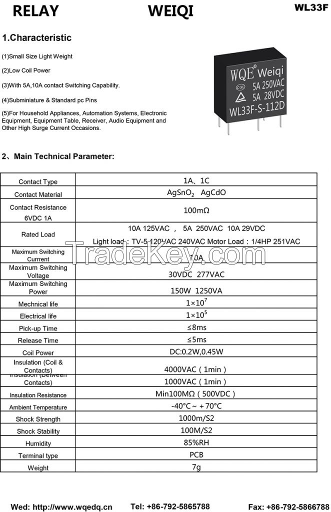 5A Miniature Power Relay for Household Appliances &Industrial Automotion System Smart Home Wl33f