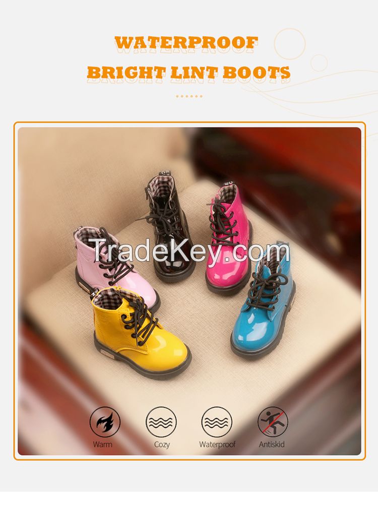 2020 New Fashion Children PU Leather Waterproof Winter Kids Snow Shoes Martin Boots For Girls