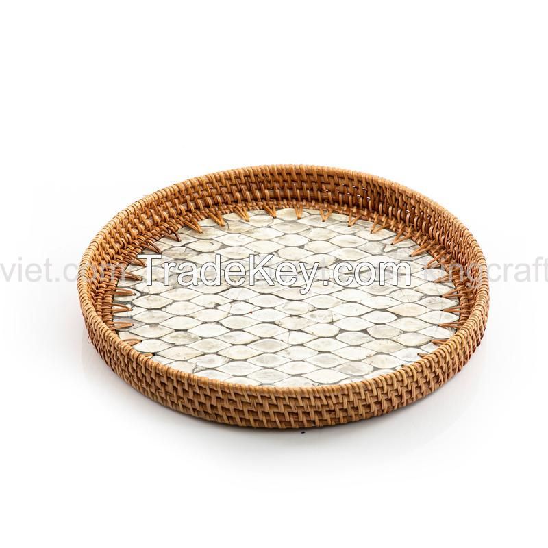 Vietnam Hot Item Eco-friendly Rustic Decor Round Serving Tray Mother Of Pearl Rattan Tray 2021