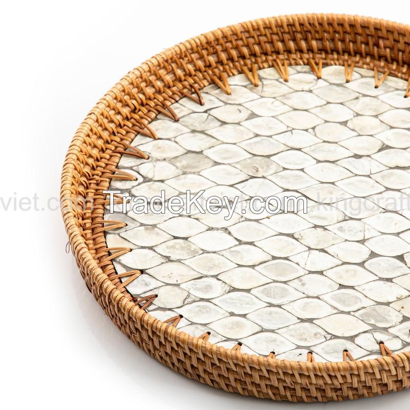 Vietnam Hot Item Eco-friendly Rustic Decor Round Serving Tray Mother Of Pearl Rattan Tray 2021