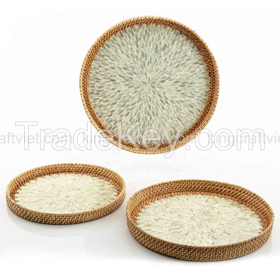 Vietnam Hot Item Eco-friendly Rustic Decor Round Serving Tray Mother Of Pearl Rattan Tray 2021