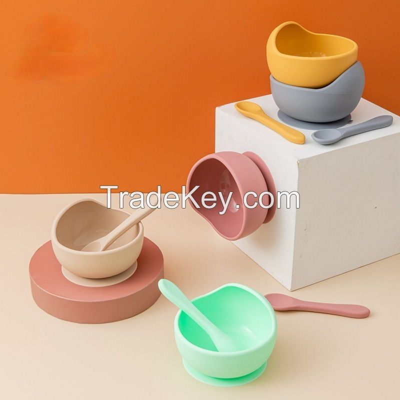 Silicone Baby Plates Spoons Forks Bib Bowls Dish Cup Child Feeding Suction Kids Toddler Eating Tableware Dinnerware Non-slip Set