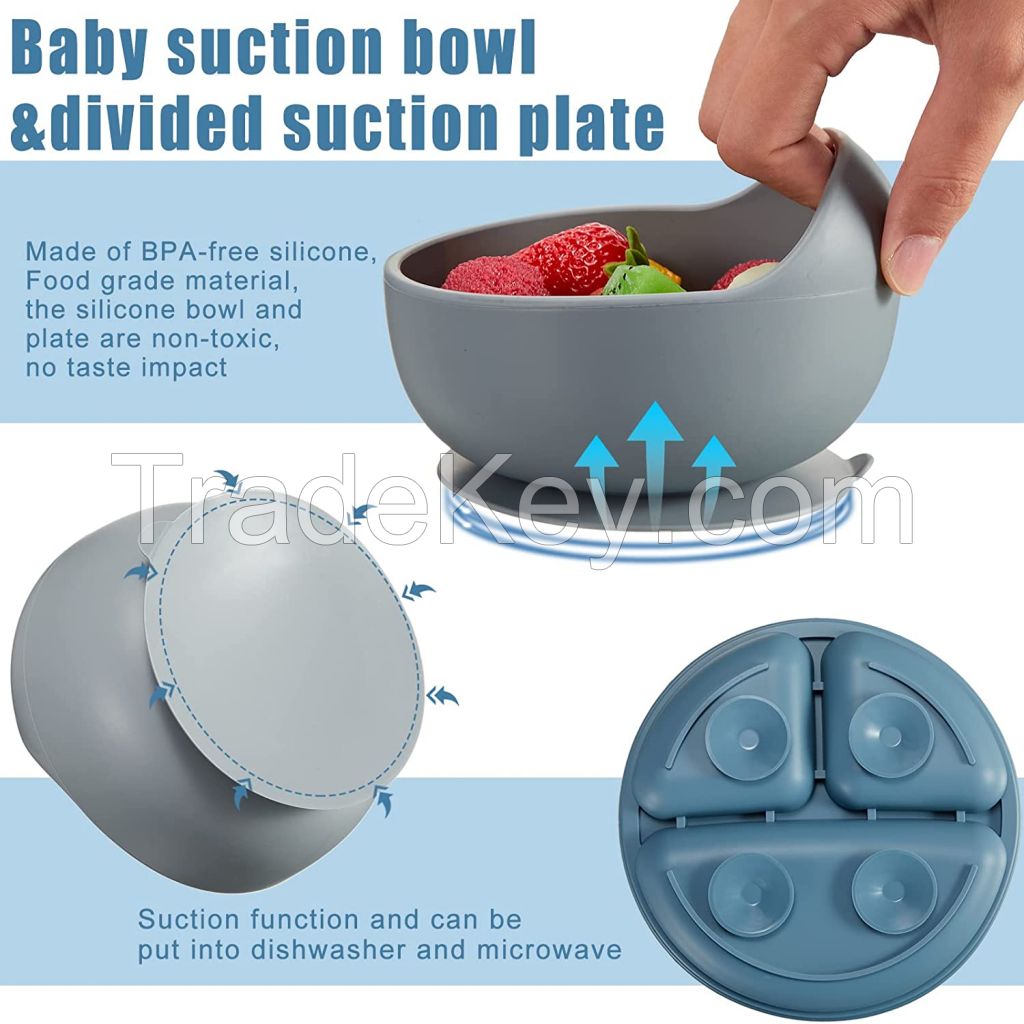 Baby Led Weaning Supplies Silicone Feeding Set Suction Bowl Divided Plate Straw Sippy Cup Toddler Kids Self Eating Kit Tableware