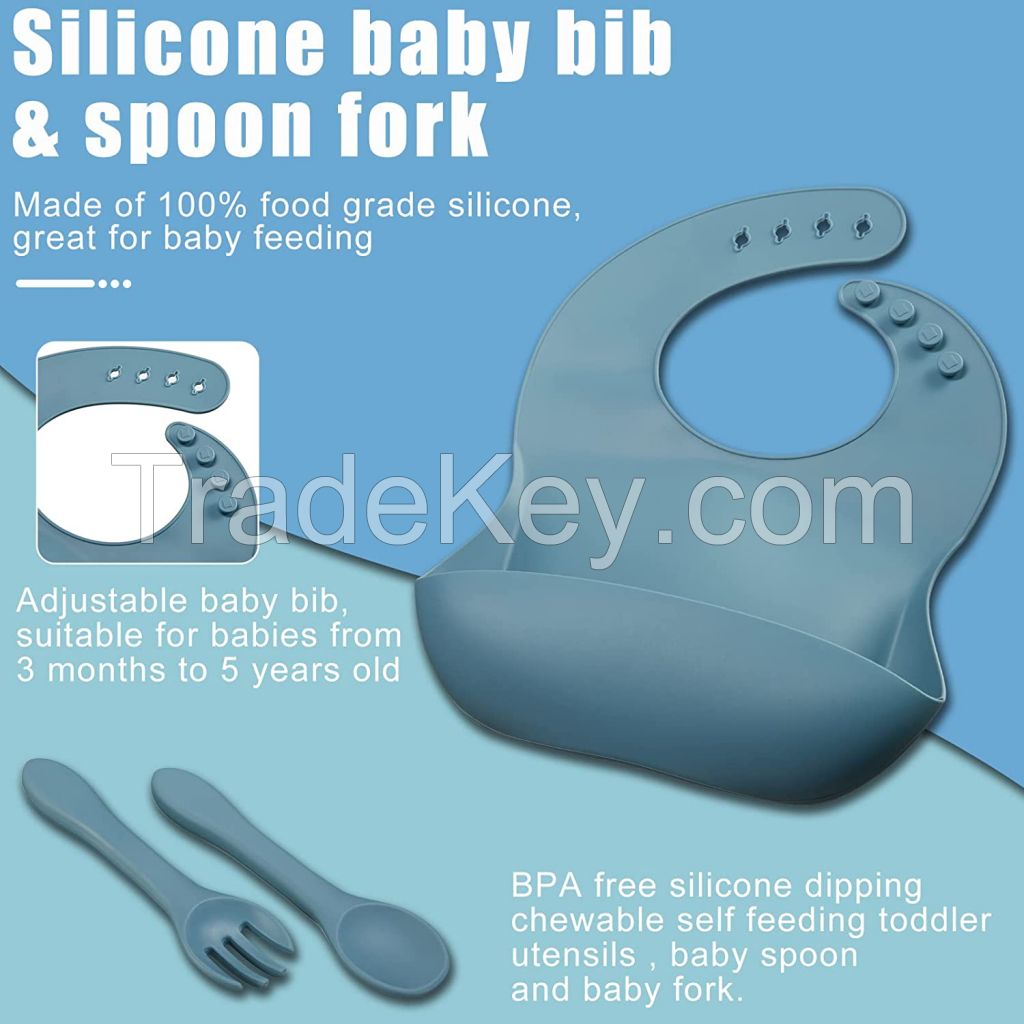 Silicone Baby Plates Spoons Forks Bib Bowls Dish Cup Child Feeding Suction Kids Toddler Eating Tableware Dinnerware Non-slip Set