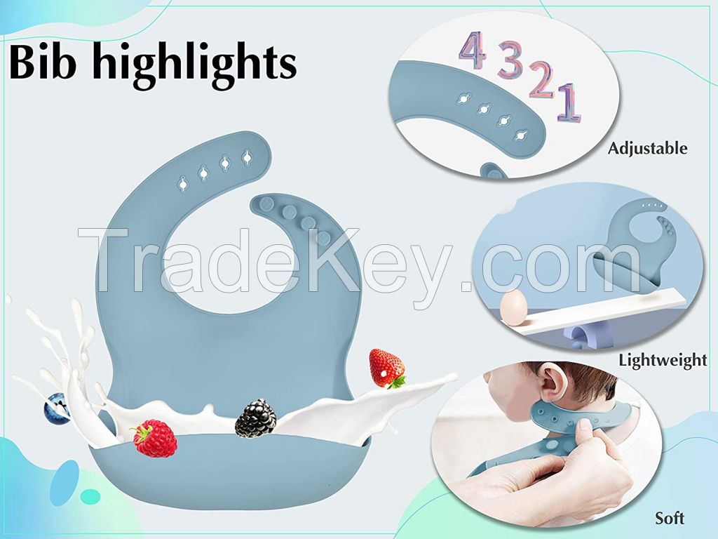 Baby Feeding Set Silicone Suction Bowls Divided Plates Straw Sippy Cup Toddler Self Eating Utensils Dishes Kit Bibs Spoons Fork