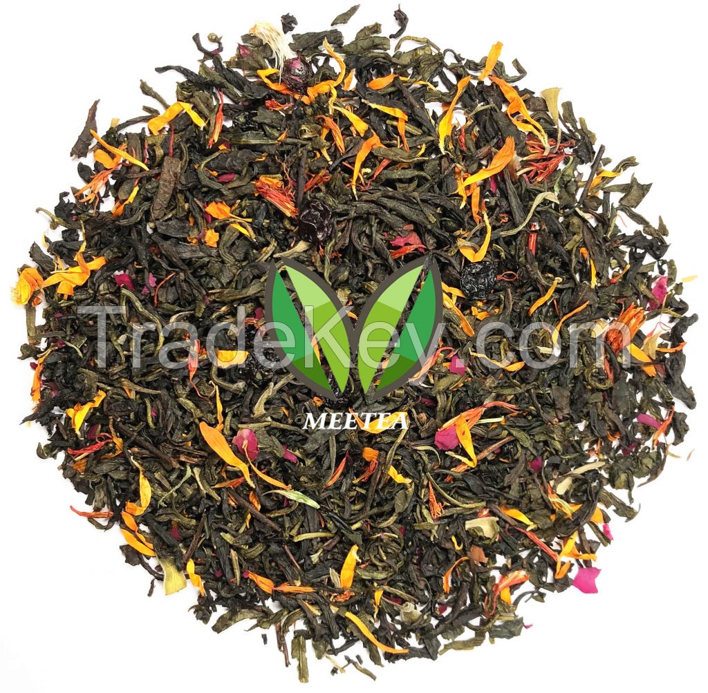 Mixture of Green &amp;amp;amp; Black teas with grape flavor and fruit and flower petals