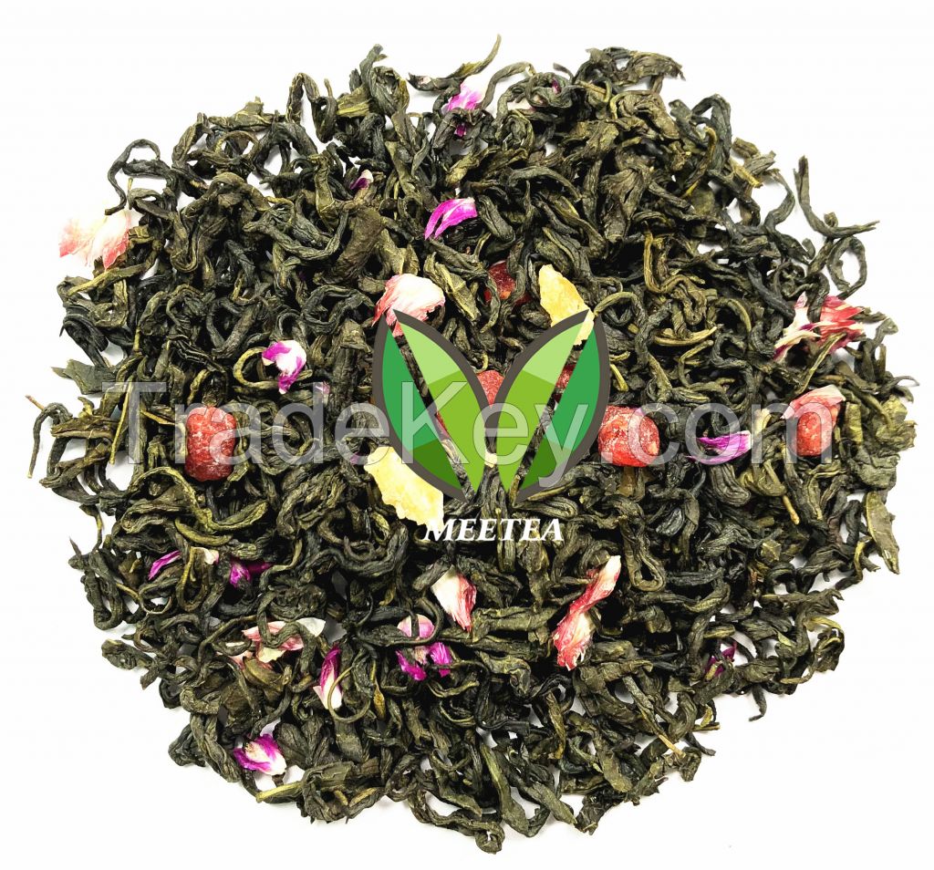 Long leaf green tea flavored with strawberry,peach pieces and flower petals