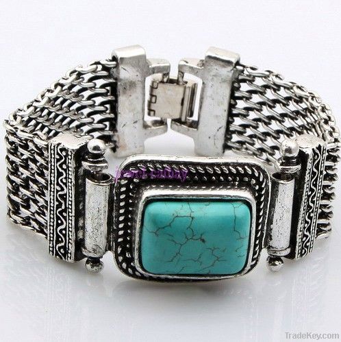 blue oblong howlite tibet silver bead bangle bracelet