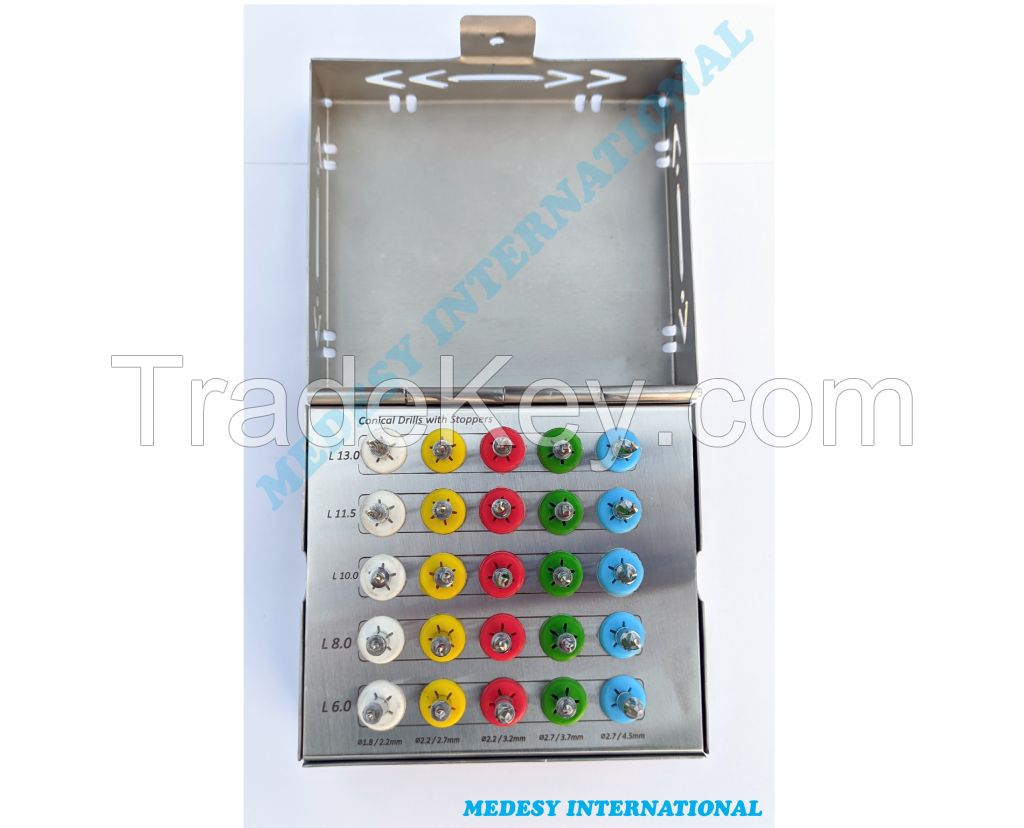 Dental Implant Conical Drills Bur Kit with Stopper & Organized Box CE 25 PCS