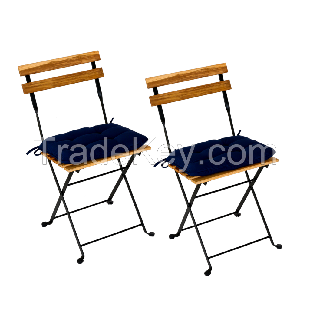 Set of Two Folding Solid Teak Wood Power Coating Frame With Waterproof Navy Cushion Outdoor Chairs