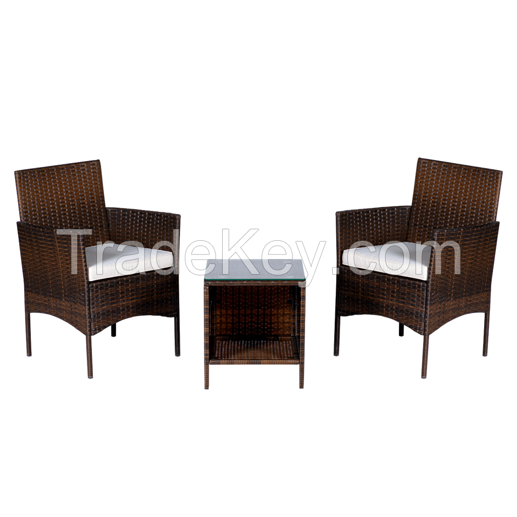 Bistro Wicker Set Outdoor Rattan 3 Pieces Set Modern Table PE Brown Rattan And Beige Cushion