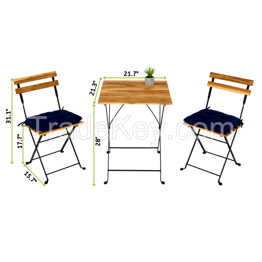 Solid Teak Wood Bistro Set Folding Table And Chair Set Power Coating Frame Patio Set With Waterproof Navy Cushion