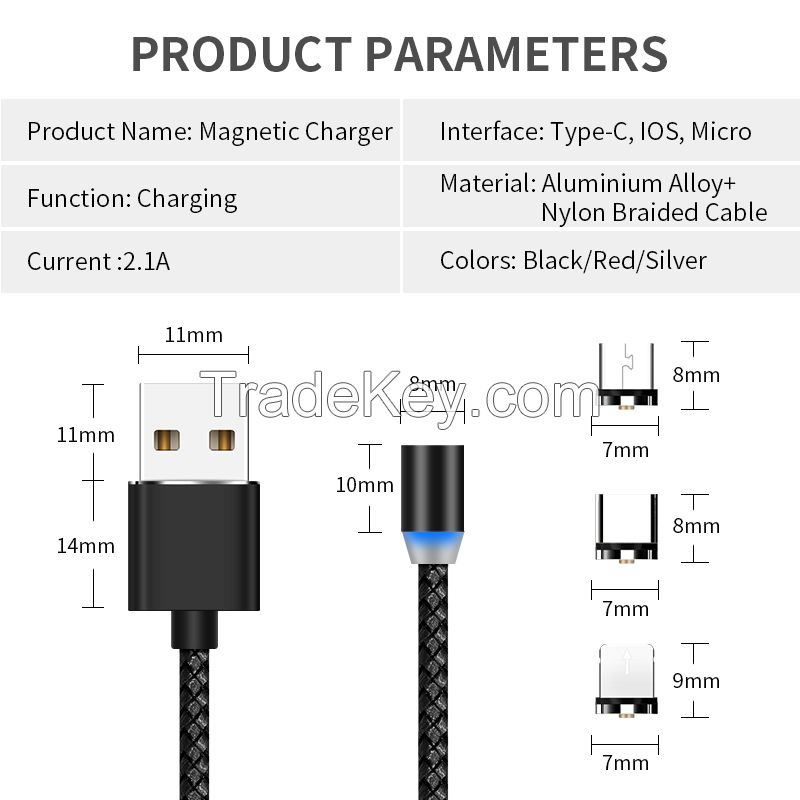 OEM Logo Magnetic charging cable LED Magnetic 3 in 1 USB Cable Use for iProducts Type C Micro USB Cellphone