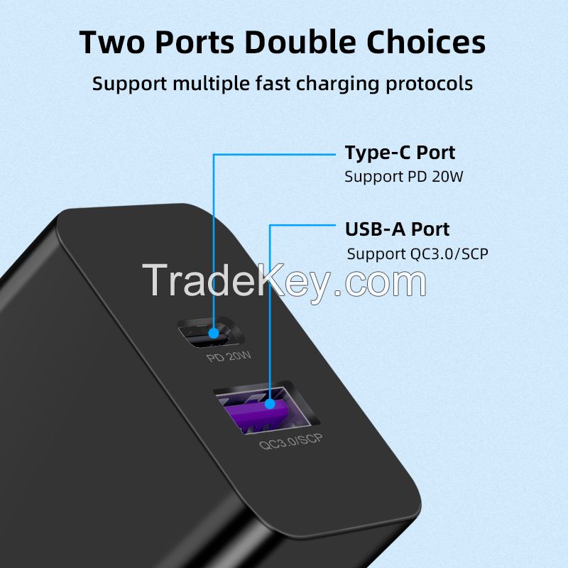 Free Logo Print Dual Port Type C PD 20W USB Charger EU UK USA Standard Travel Adapter 5V 4A USB Port Adapter Support 5A Charging