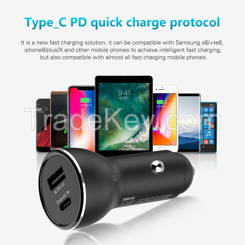 Phone Accessories Super Fast Charging PD QC3.0 Portable Smart Dual USB Mobile Type C Car Charger Adapter