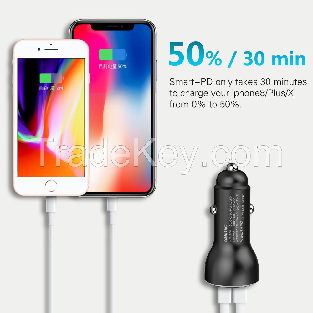 Phone Accessories Super Fast Charging PD QC3.0 Portable Smart Dual USB Mobile Type C Car Charger Adapter
