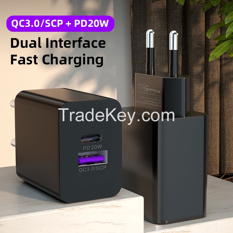 Free Logo Print Dual Port Type C PD 20W USB Charger EU UK USA Standard Travel Adapter 5V 4A USB Port Adapter Support 5A Charging