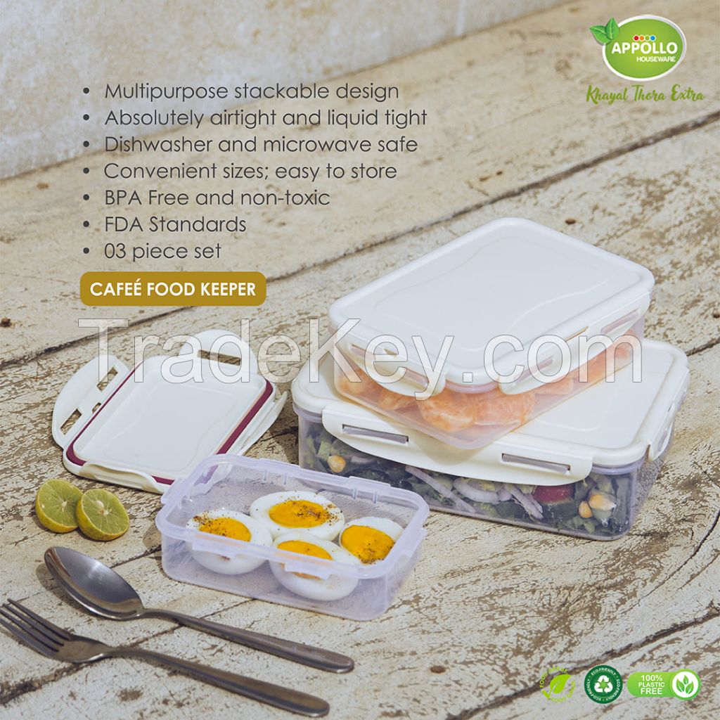 Appollo houseware Cafe food keeper 300ml, 600ml 1000ml (small, medium, large) high quality rectangle light weight food container for refrigerator and microwave easy to handle durable air tight food container plastic food container for storing and freezing