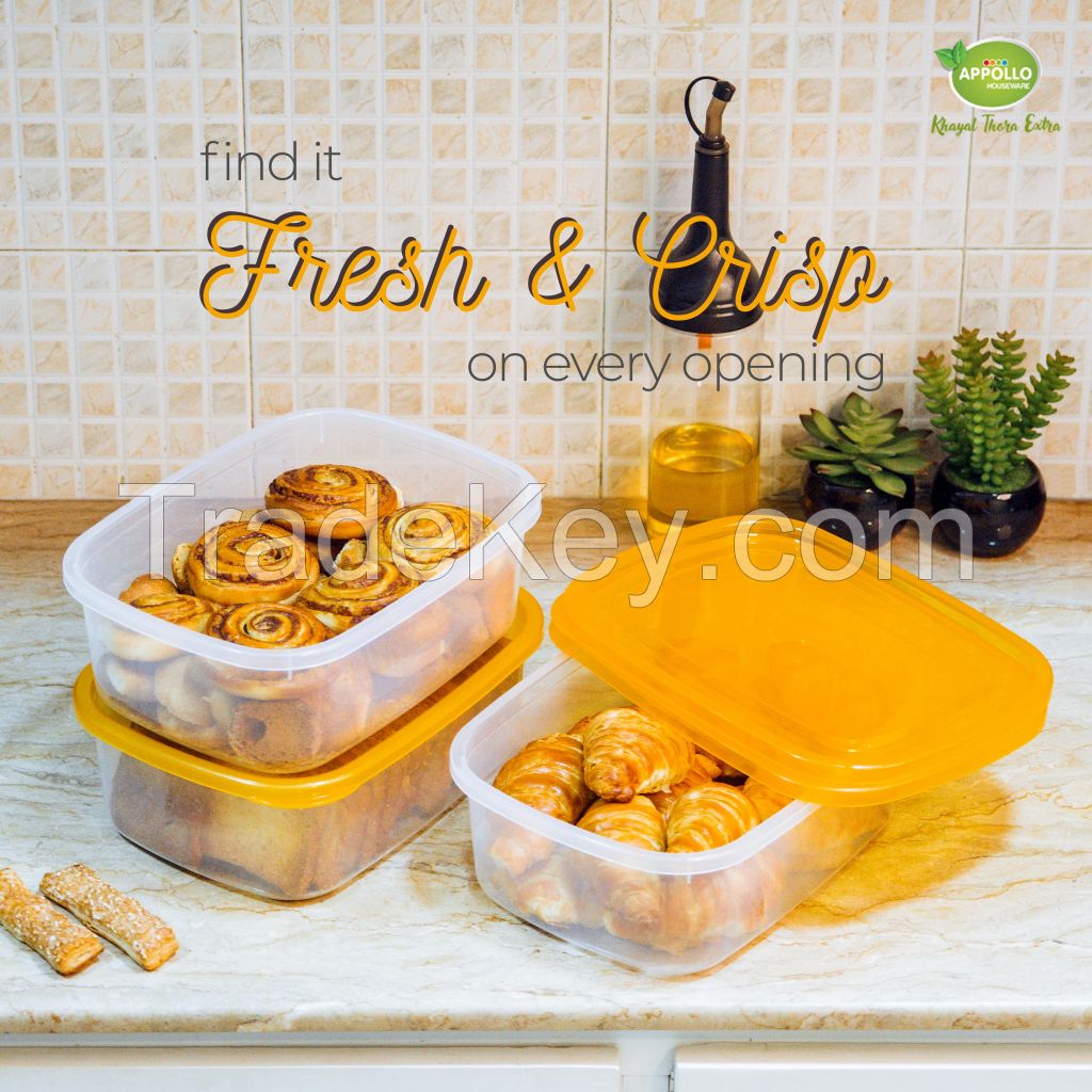 Appollo houseware Crisper Food Keeper 3 pcs Set (600ml, 1000ml, 1700ml) high quality rectangle light weight food container for refrigerator and microwave easy to handle durable air tight food container plastic food container for storing and freezing food