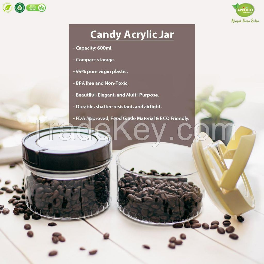 Appollo houseware Candy acrylic jar small, medium large (600ml, 800ml, 1200ml) high quality light weight food jar for refrigerator and microwave easy to handle durable air tight food container plastic food jar for storing and freezing food items, unbreaka