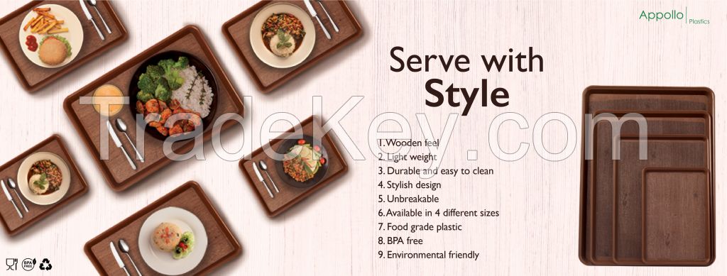 Appollo houseware Wooden Style plastic Smart Tray (Small, medium, Large, X-Large) high quality light weight tray for serving at parties and picnic easy to handle durable air tight serving tray unbreakable reusable easy to carry for serving in parties, hom