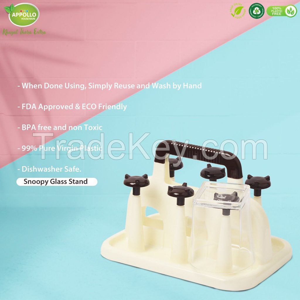 Appollo houseware Snoopy Glass stand 6pcs set high quality glass stand for kitchen washable easy to handle durable plastic stand for kitchen, unbreakable reusable plastic stand for glasses, BPA free hanger.
