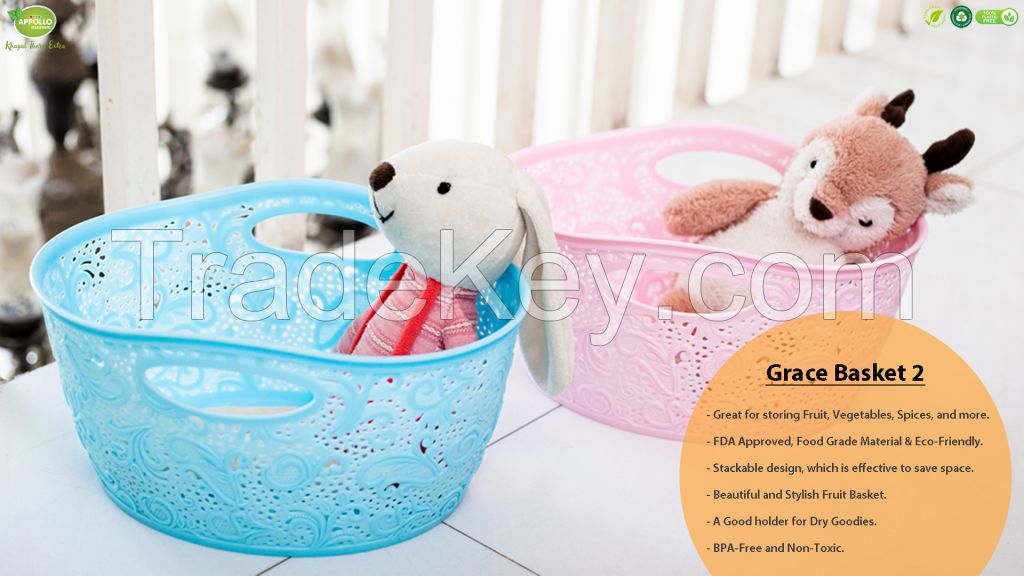 Appollo houseware Grace Basket vegetable basket for kitchen washable easy to handle durable high quality plastic basket for fruits, unbreakable, non-toxic, BPA free basket, stackable and space saver design.