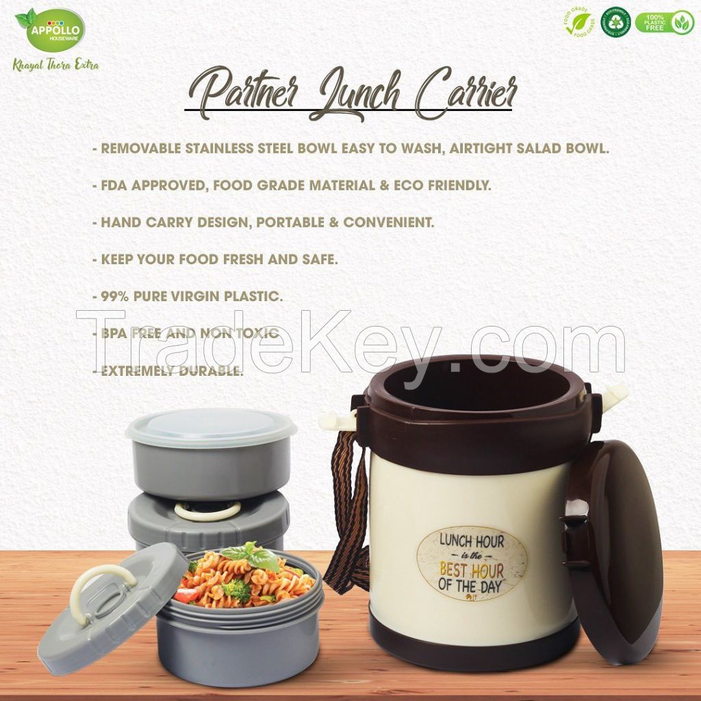 Partner Lunch Carrier Small (2 steel bowls) for food storing, plastic food carrier for office and picnic, BPA free ecofriendly food keeper, washable and easy to clean food carrier.