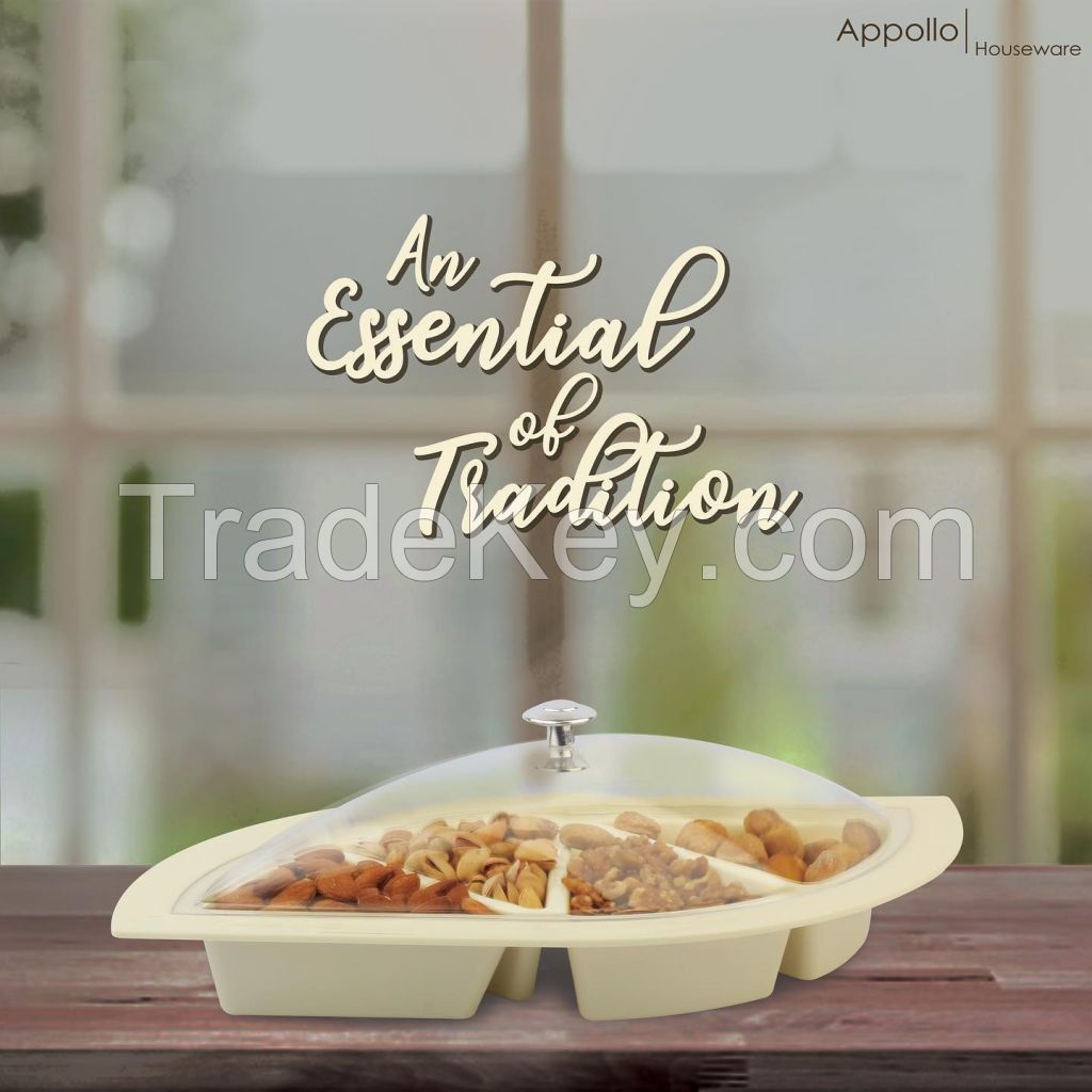 Appollo dry fruit tray with stylish and attractive design, ideal for serving at parties, dinner and picnic, light weight durable dry fruit tray.