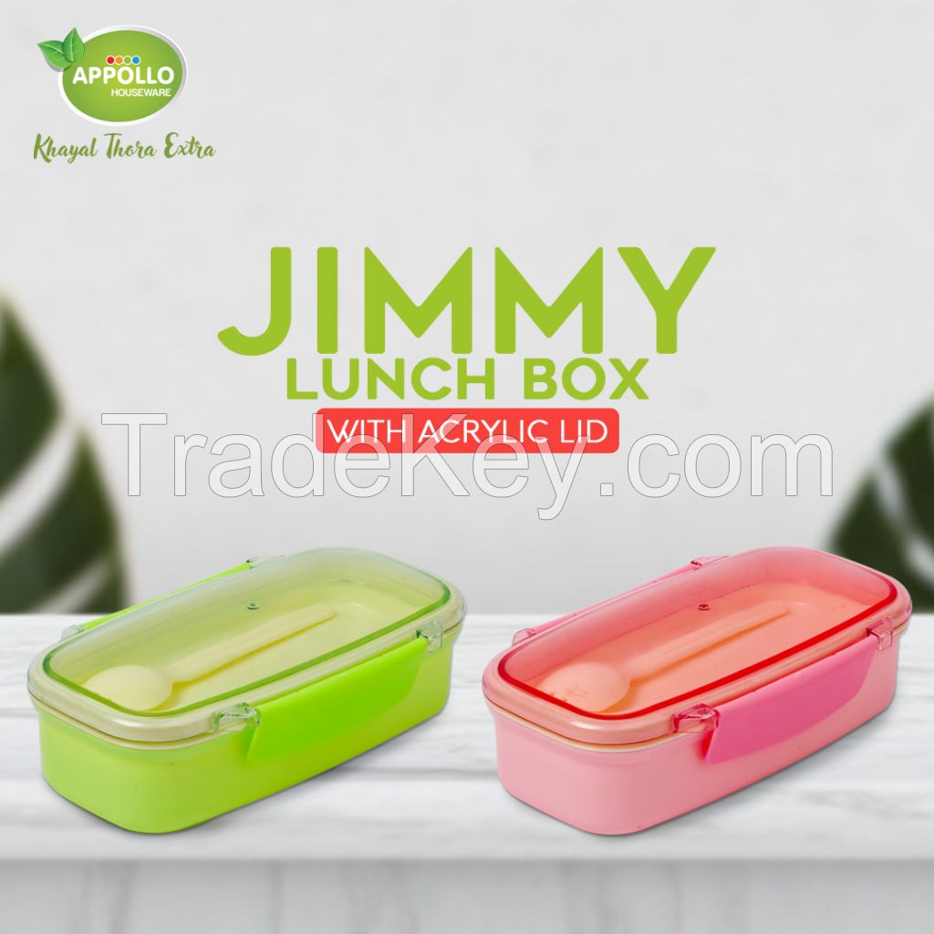 Jimmy Lunch Box model 1 high quality rectangle light weight easy to handle durable air tight lunch box for kids, plastic food container for storing food items, unbreakable reusable lunch packing box, easy to carry stackable lunch box.