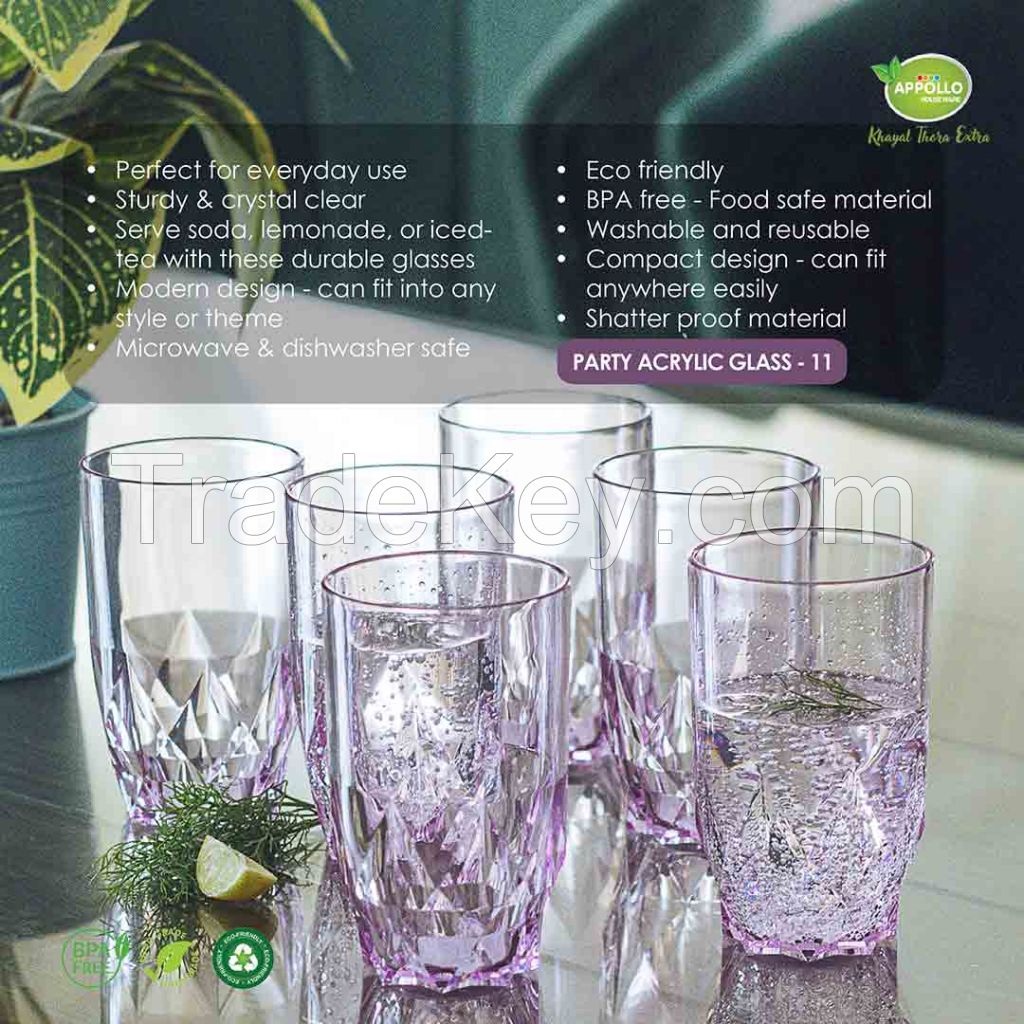 Party Acrylic Glass model-11 with stylish and attractive design, ideal for picnics, BBQ, camping, and birthday parties. High premium quality and dishwasher safe.
